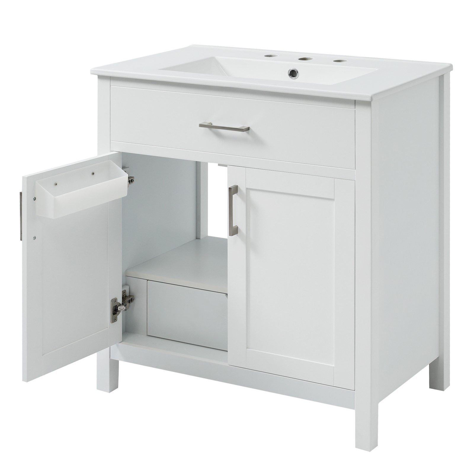 30-Inch Bathroom Vanity with Ceramic Sink, White, Solid Wood MDF