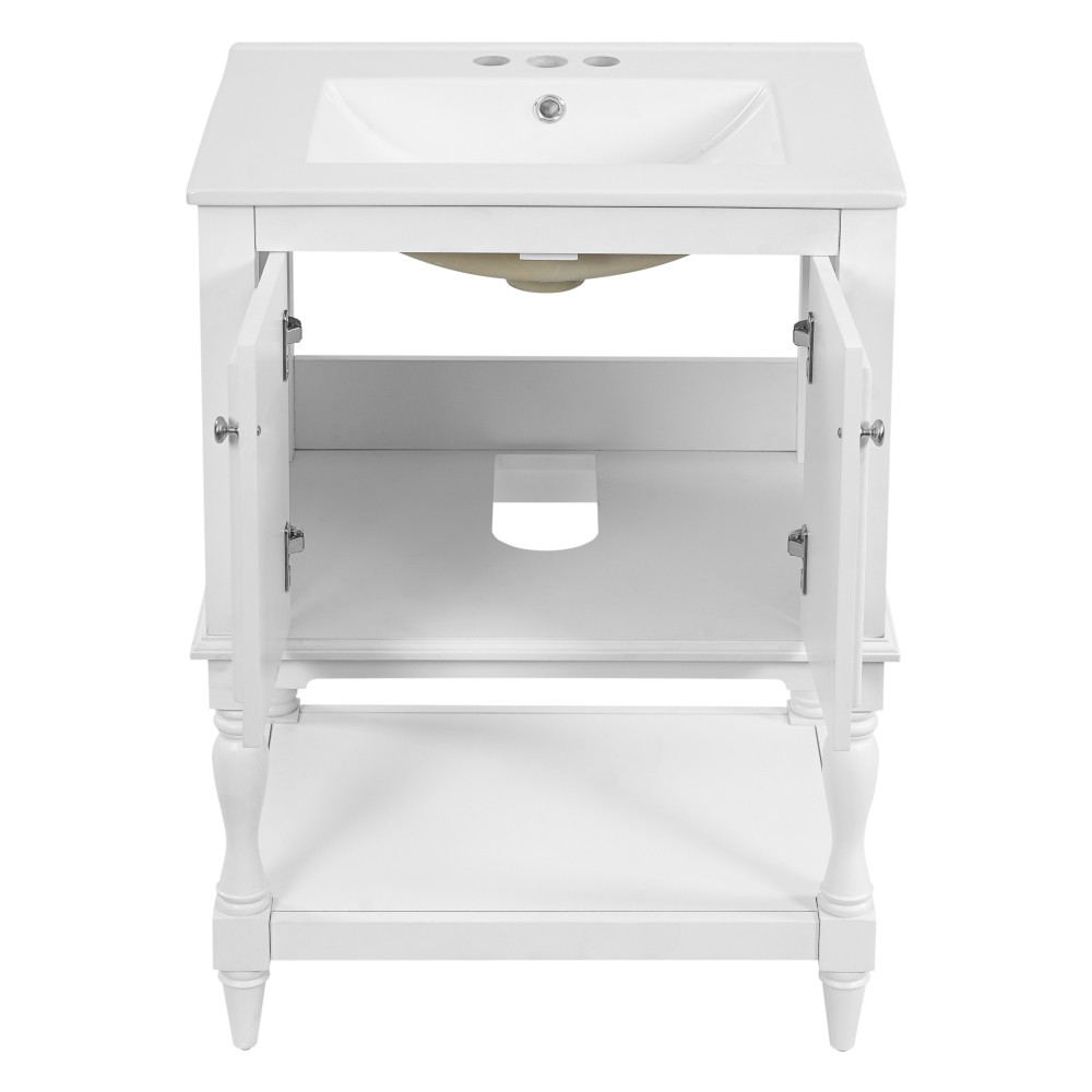 24″ Modern Bathroom Vanity w/ Ceramic Sink & Storage, White