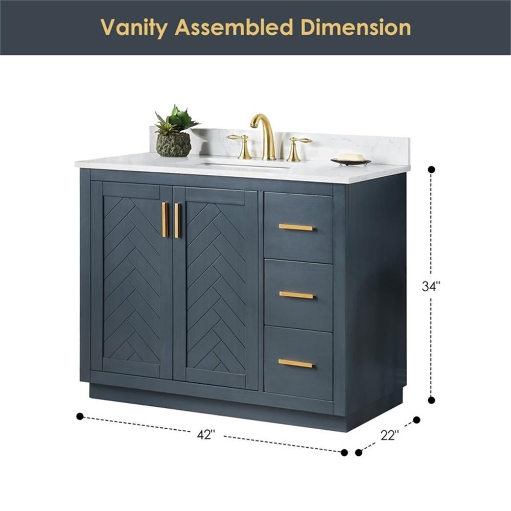 Pemberly Row 42″ Charcoal Blue Wood Vanity w/ Composite Stone Top without Mirror
