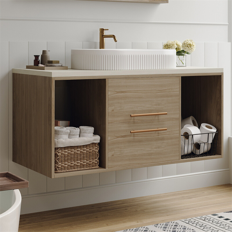 Modern Wall-Mounted Floating Cabinet Bathroom Vanity with Oval Sink & 2 Drawers