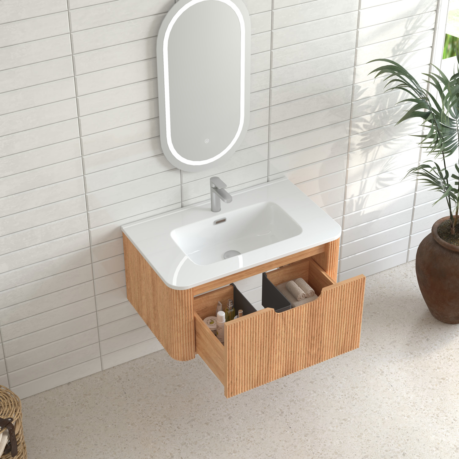 30″ Floating Bathroom Vanity in Walnut with White Ceramic Basin