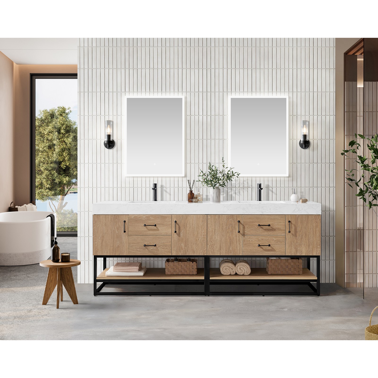 Vinnova Alistair 84″ White Stone Top Oak Double Vanity Black Frame w/o Mirror