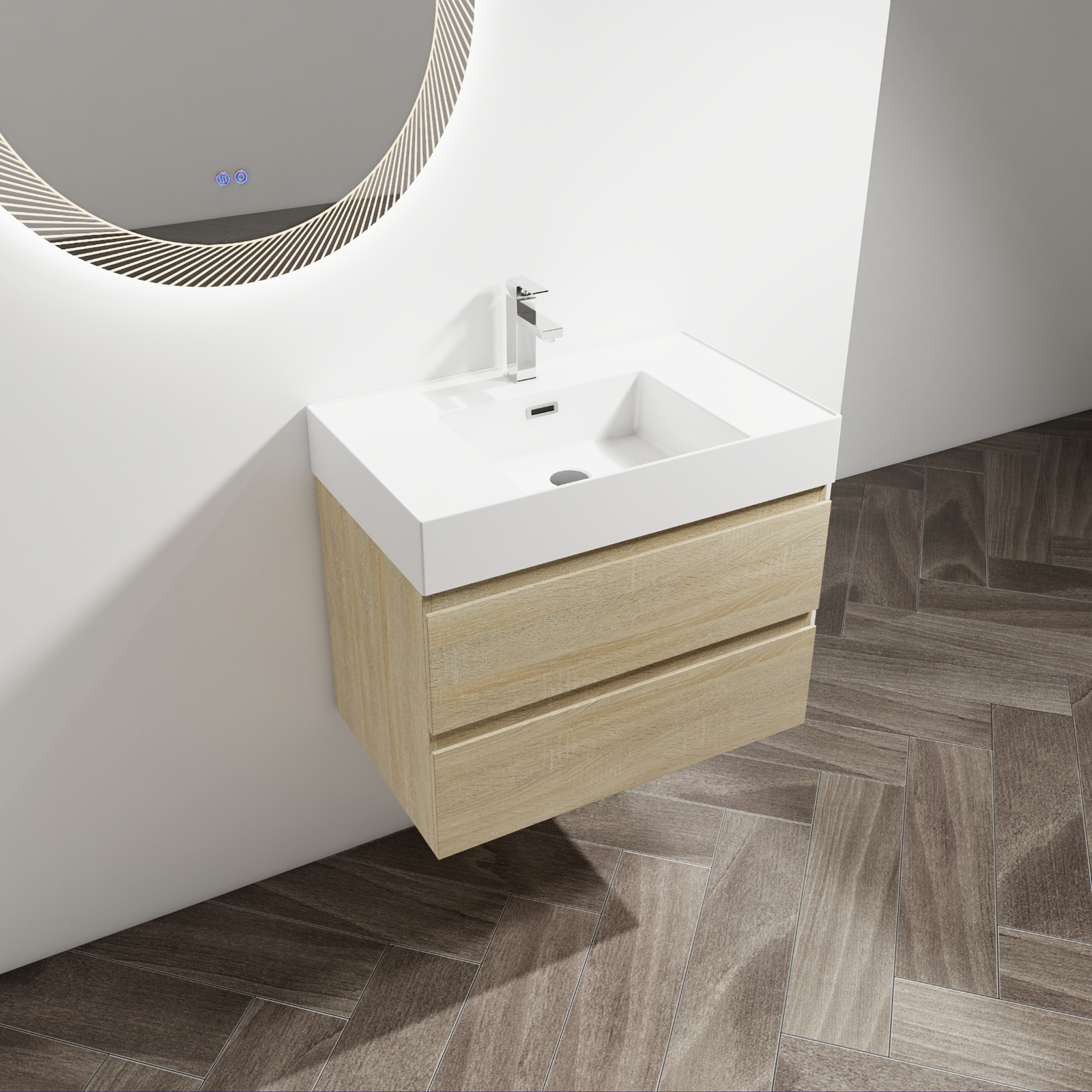 30″ Wood Wall-Mounted Bathroom Vanity Cabinet W/ Resin Sink 2 Drawers Light Oak
