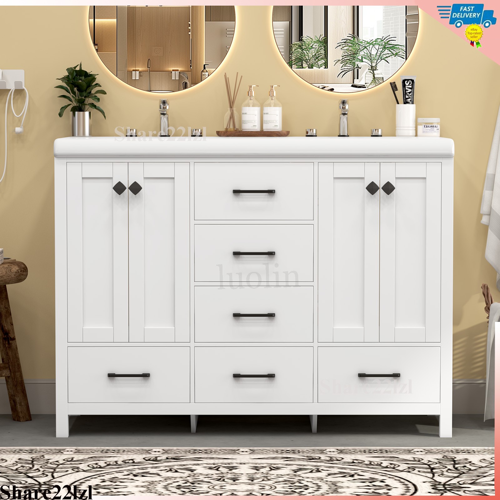 47″ Bathroom Vanity Storage Cabinet with Double Ceramic Sink White Freestanding
