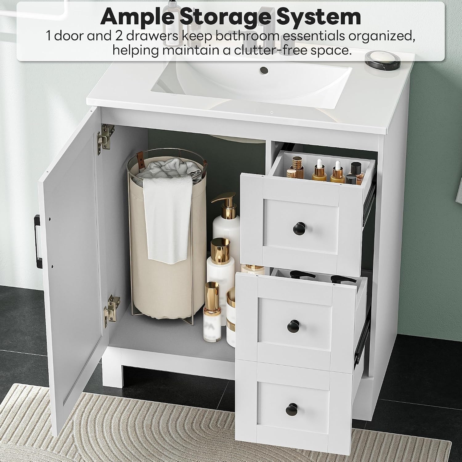 LIKIMIO 30″ Bathroom Vanity with Sink, Freestanding Bathroom Vanity with 1 Soft-
