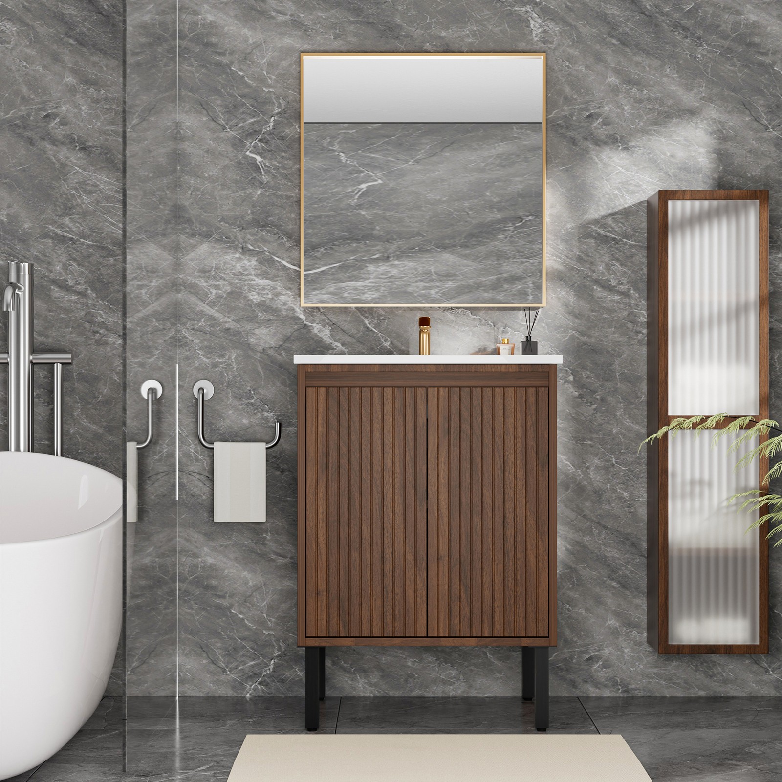 24″ Bathroom Vanity with White Sink Oak Finish Floor Standing