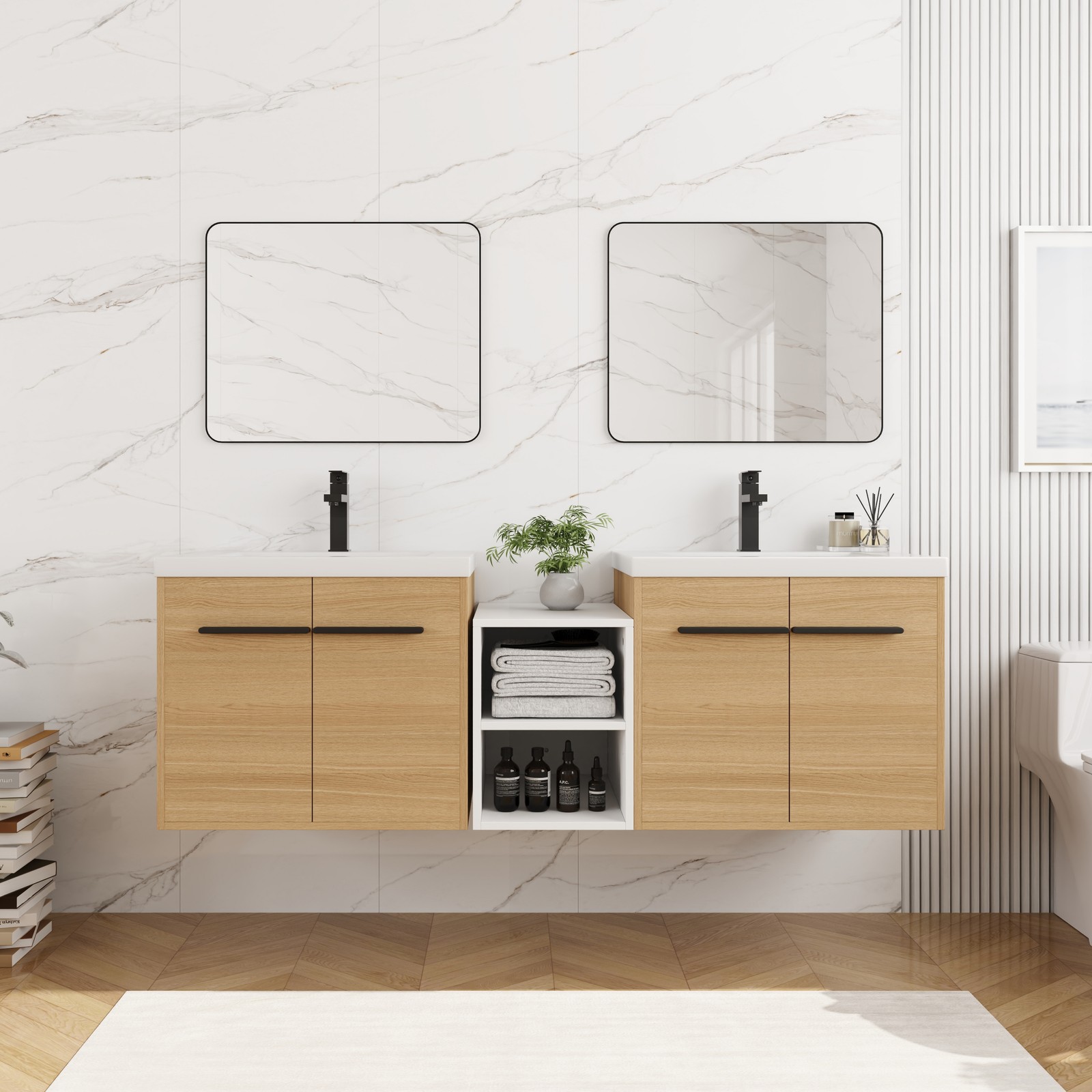 60 Inch Wall Mounted Bathroom Vanity with Resin Sink, 4 Doors & Shelves
