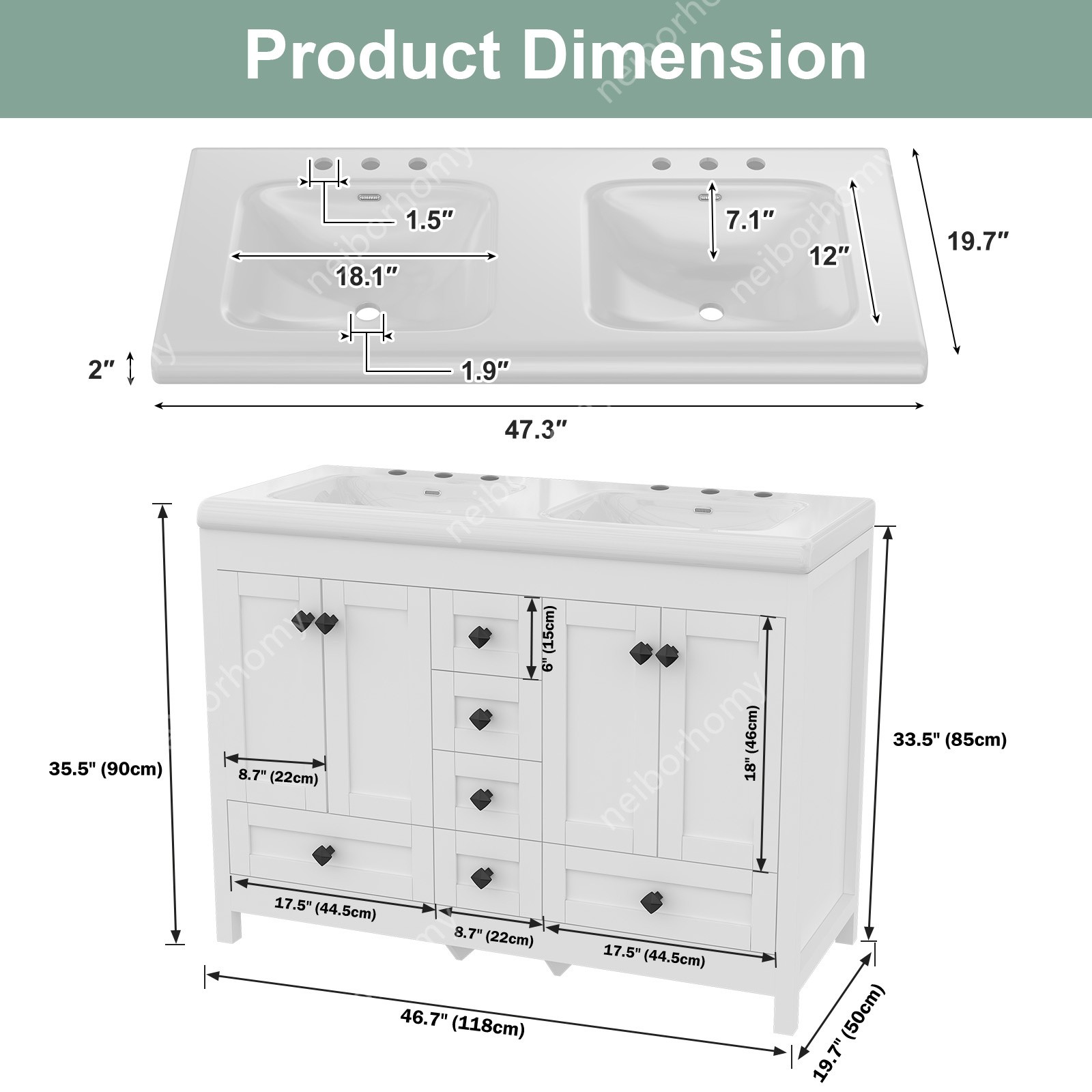 47″ White Classic Bathroom Vanity Double Ceramic Sinks Freestanding w/ 5 Drawers