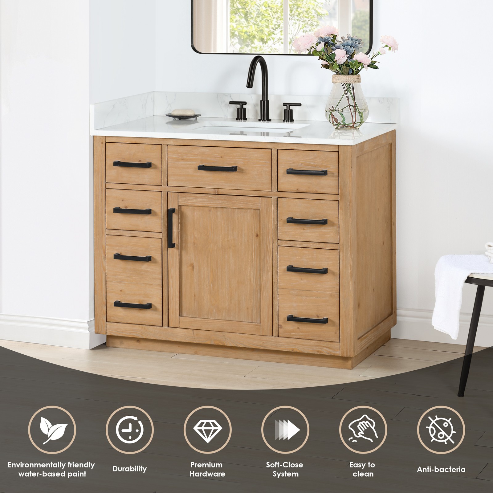 Gavino 42″ Wood Vanity in Light Brown with Composite Stone Top with Mirror