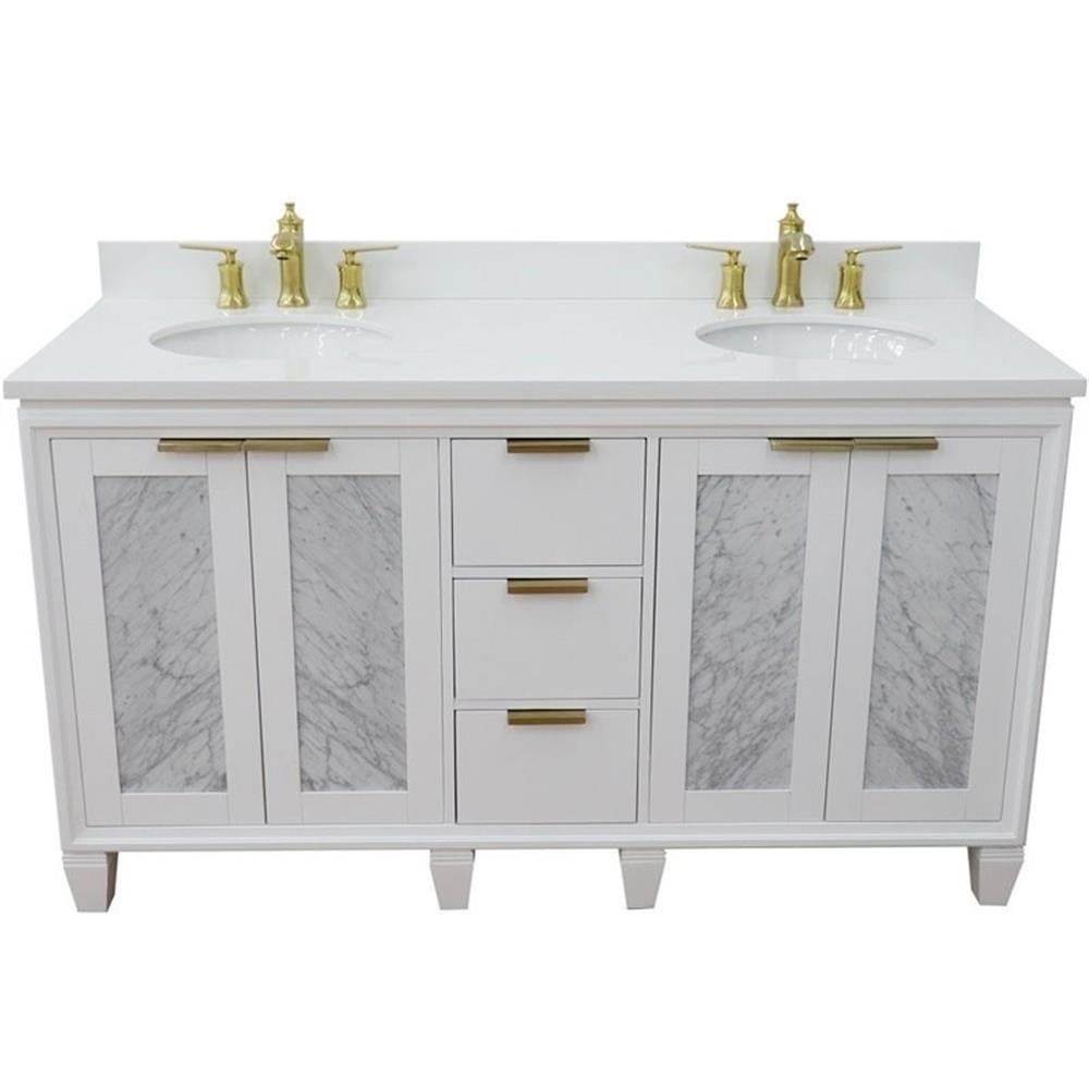 Pemberly Row 61″ Double Oval Sink Solid Wood Vanity in White/White Quartz Stone