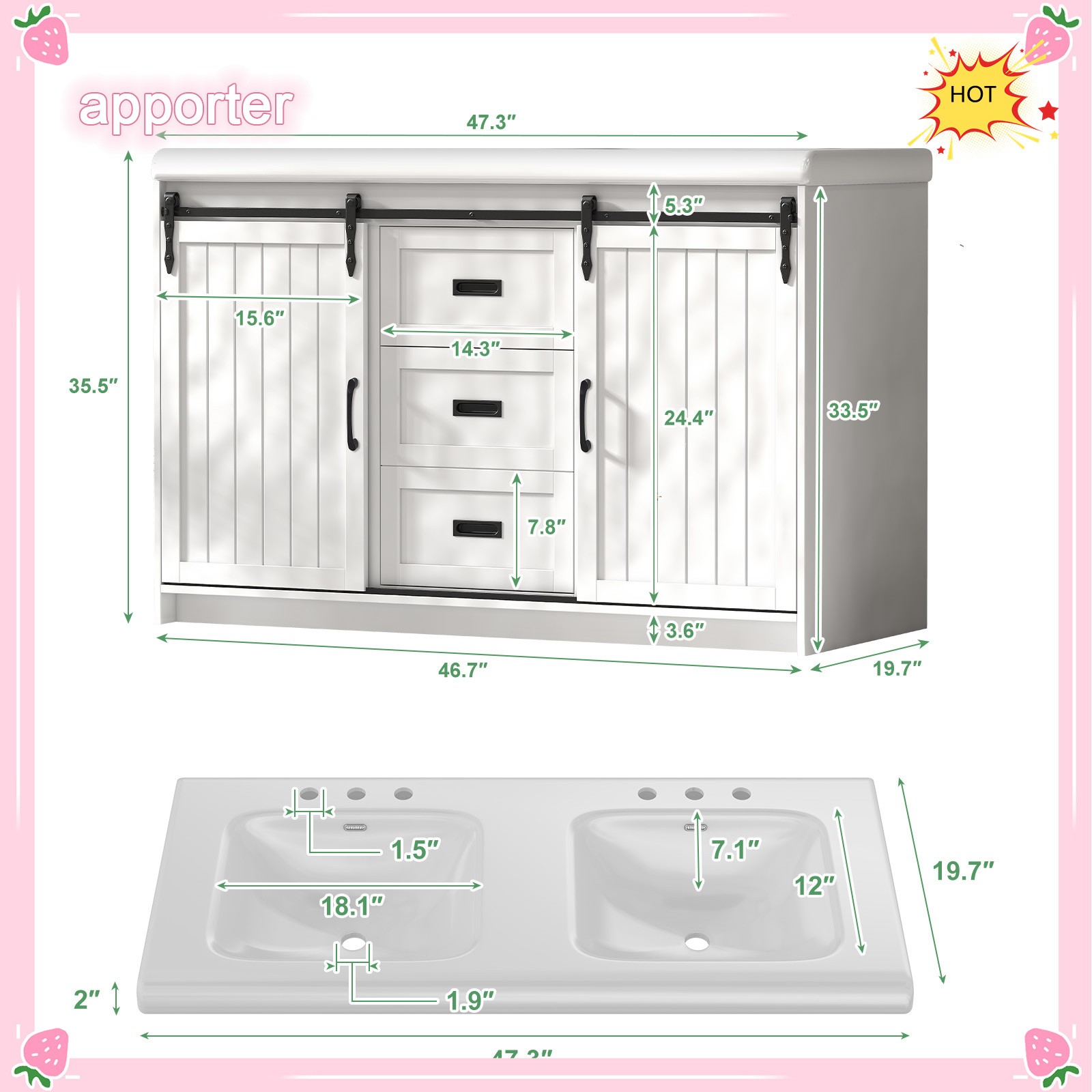 47.3″ Bathroom Double Sink Vanity Cabinet Ceramic Vessel Double Sink Cabinet US