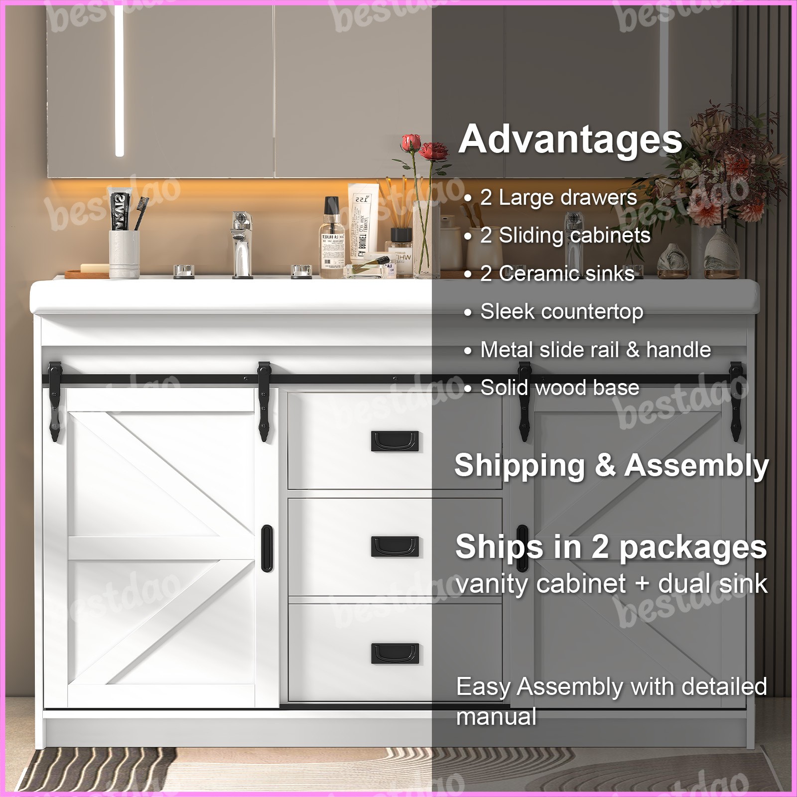 47 Inch Bathroom Vanity with Ceramic Sink 2 Doors Bathroom Cabinet Freestanding