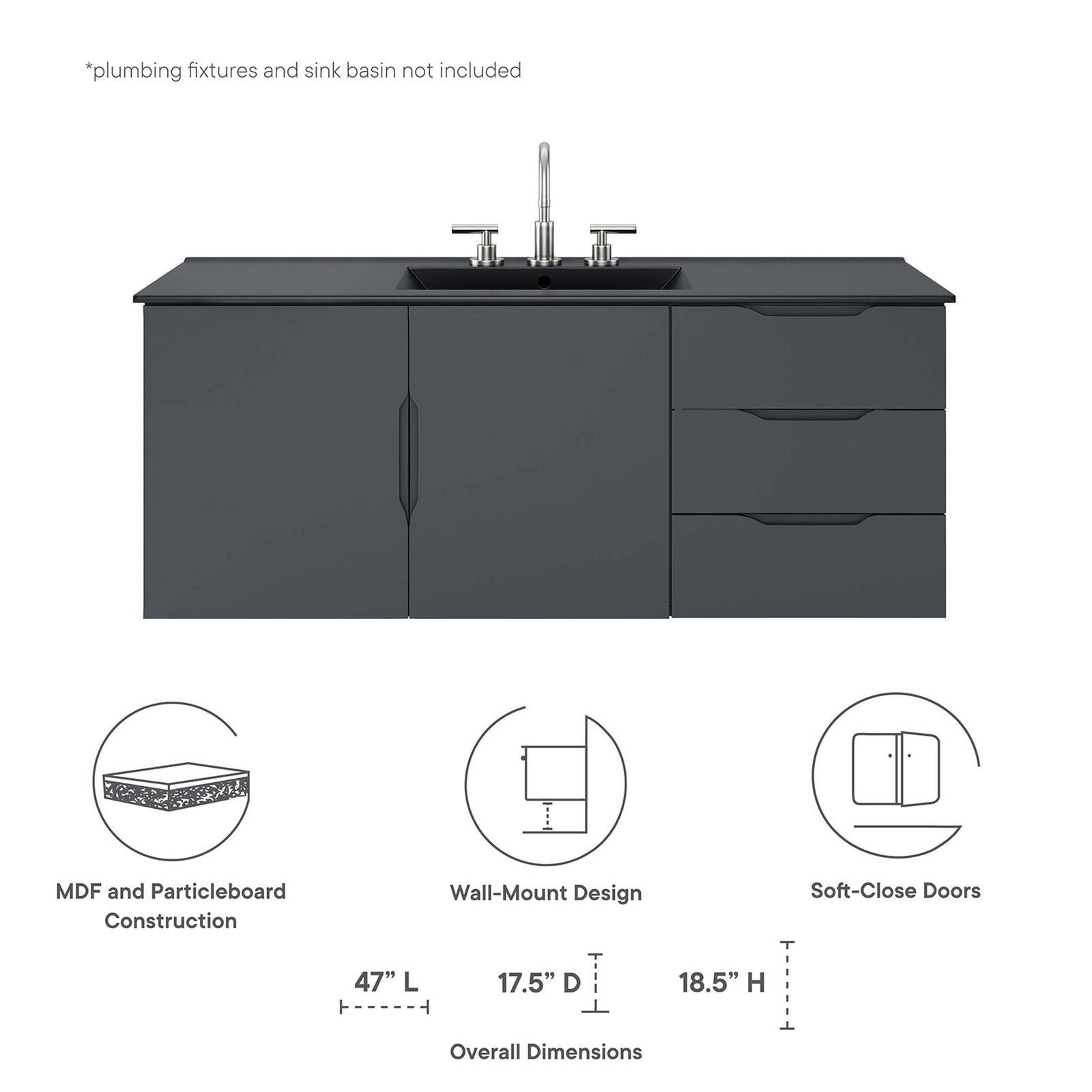 Vitality 48″ Double or Single Sink (Not Included)Bathroom Vanity Cabinet in Gray