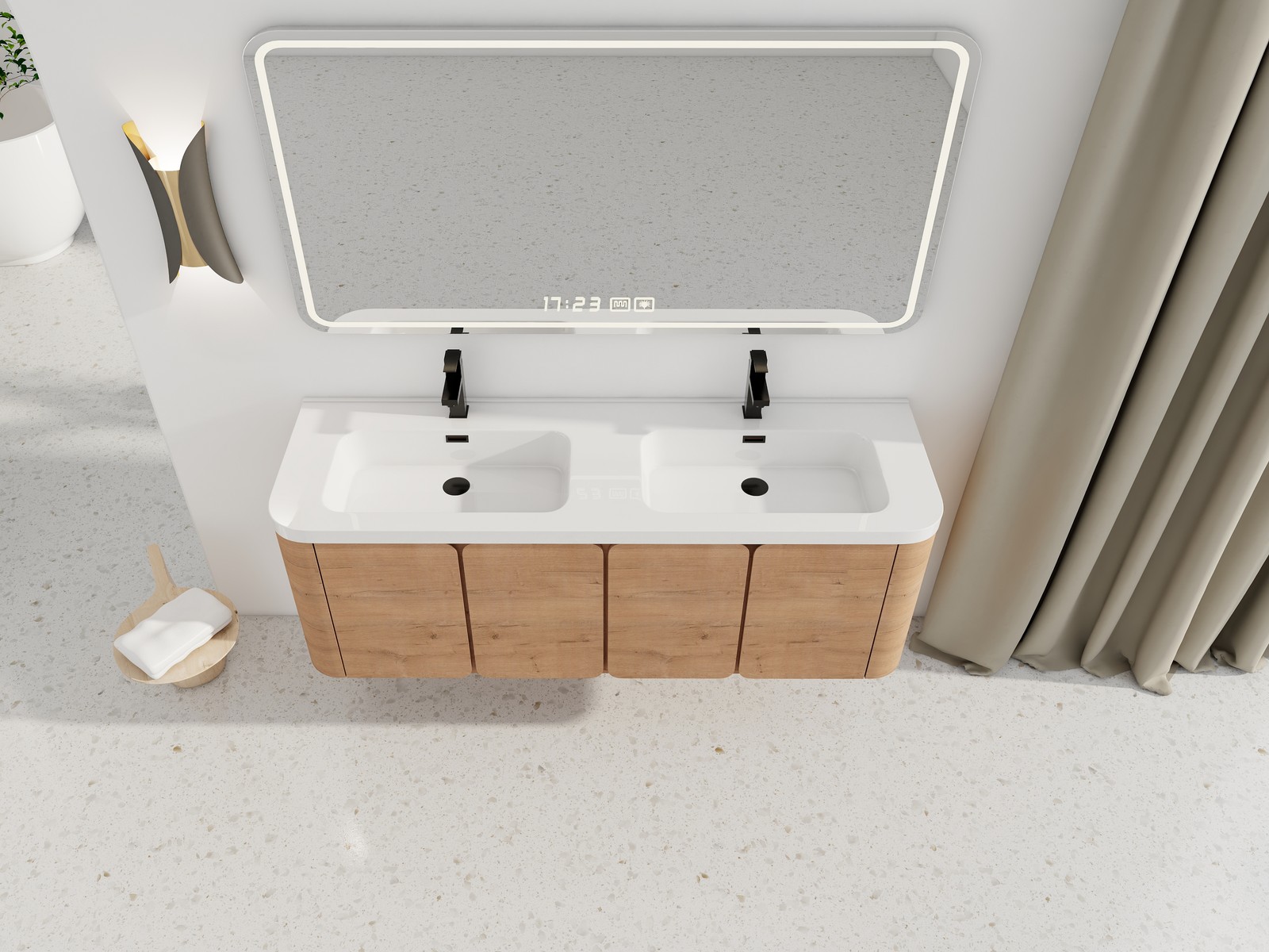 60in Plywood Wall-Mounted Bathroom Vanity with White Double Resin Sink 4 Doors