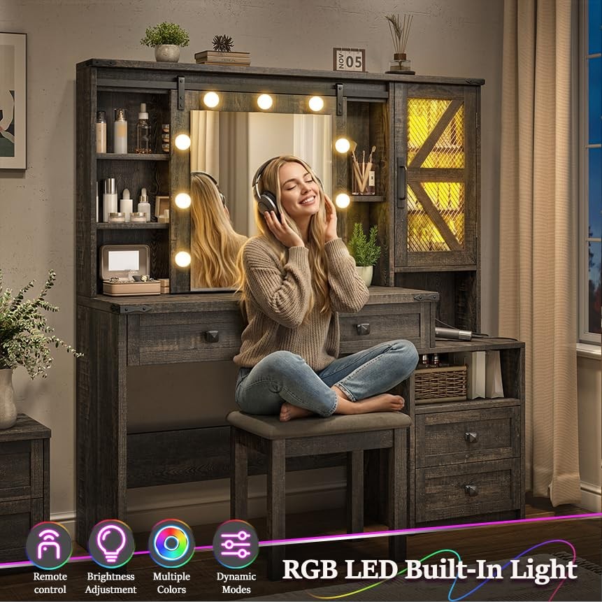 Farmhouse Vanity Desk Sliding Mirror Lights Drawers RGB Cabinet Jewel Rustic Oak