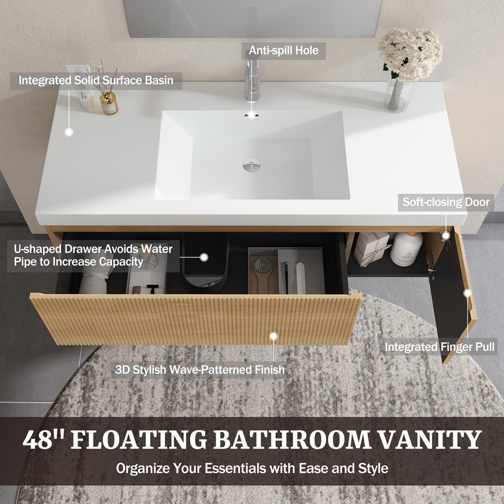 48″ Wall Mounted Bathroom Vanity w/Sink, Floating Vanity Cabinet, Drawer, Door