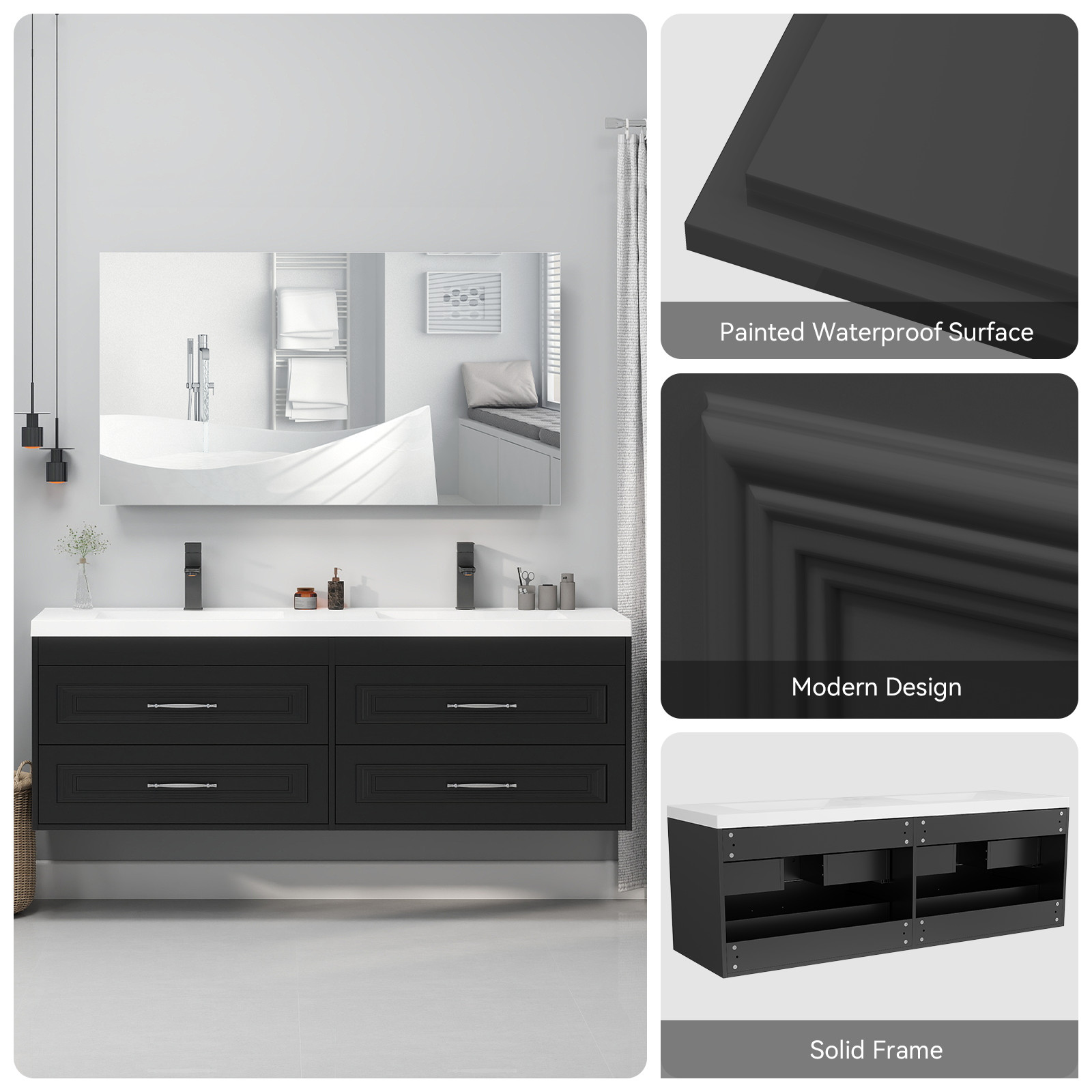 60″ Black Wall Mounted Floating Vanity with Sink and Soft Close Bathroom Cabinet