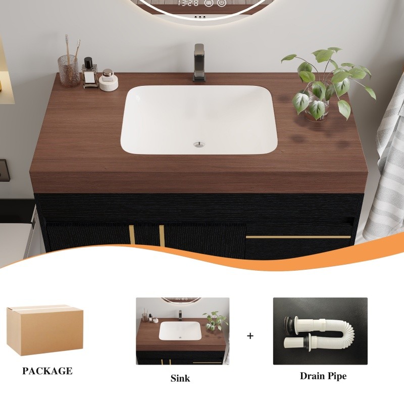 36″ Modern Floating Bathroom Vanity w/Integrated Ceramic Sink & Faux Marble Top