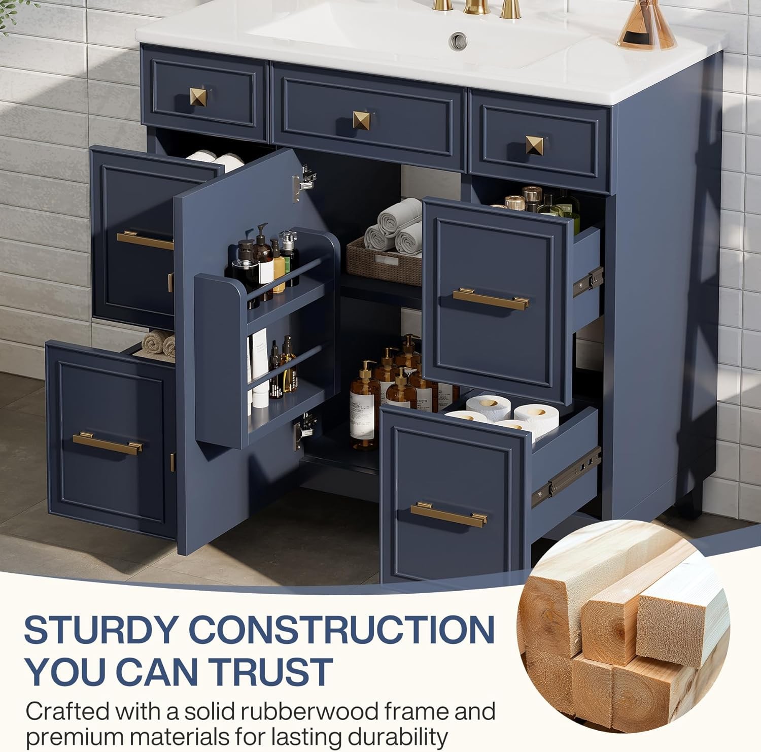 36 Inch Bathroom Vanity with Sink, Modern Bathroom Cabinet w/ 1 Door & 4 Drawers