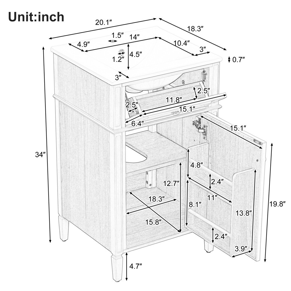 20″ Bathroom Vanity with Ceramic Sink, Freestanding Bath Vanity Door Cabinet