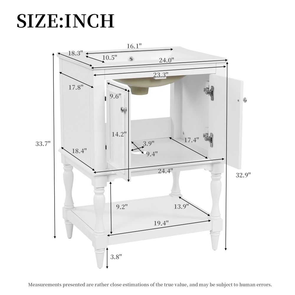 24″ Modern Bathroom Vanity w/ Ceramic Sink & Storage, White