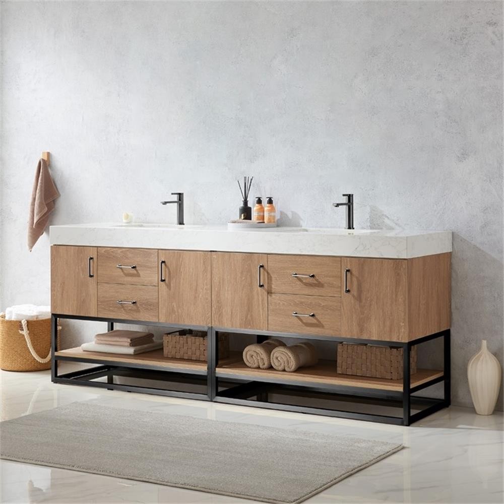 Pemberly Row 84″ White Stone Top Oak Double Vanity Black Frame w/o Mirror