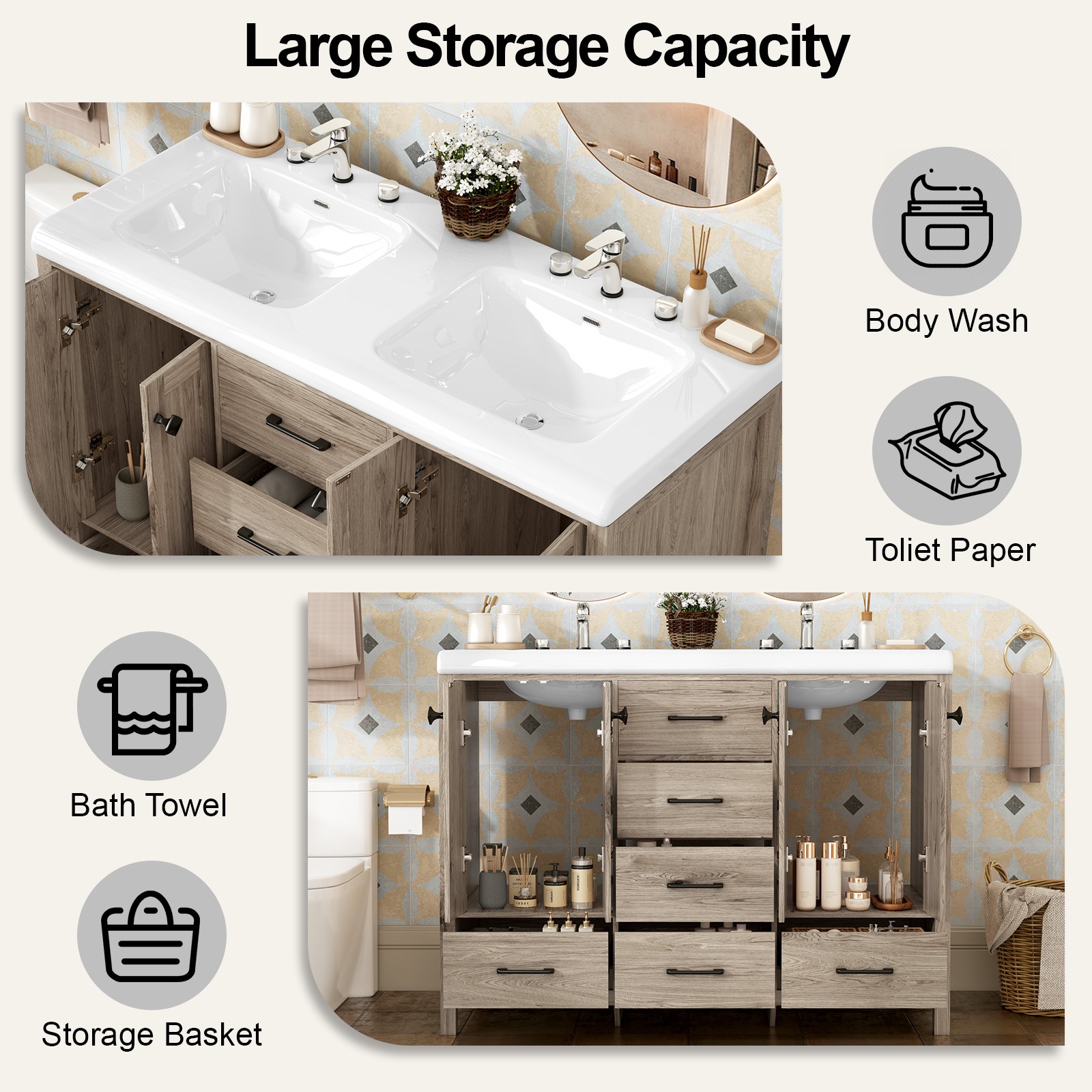 Premium Double Sink Vanity Combo with Two Ceramic Basins & Multi Layer Storage
