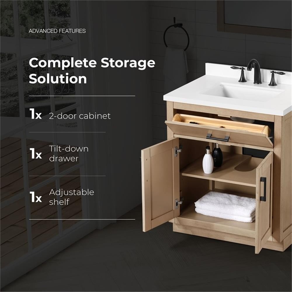 Pemberly Row 30″ Bathroom Vanity in Sahara Birch with White Countertop