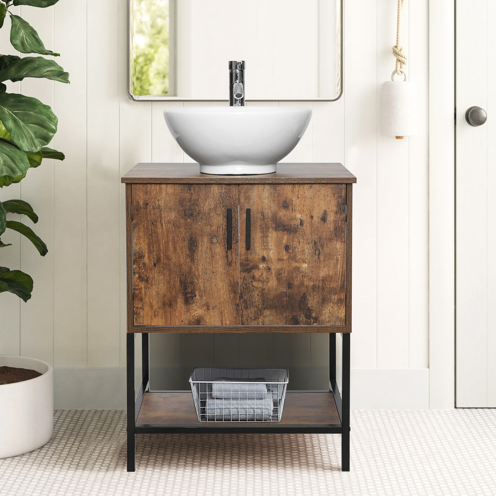 24″ Bathroom Vanity Cabinet Combo Organizer Top Vessel Sink W/ Faucet Drain Hose