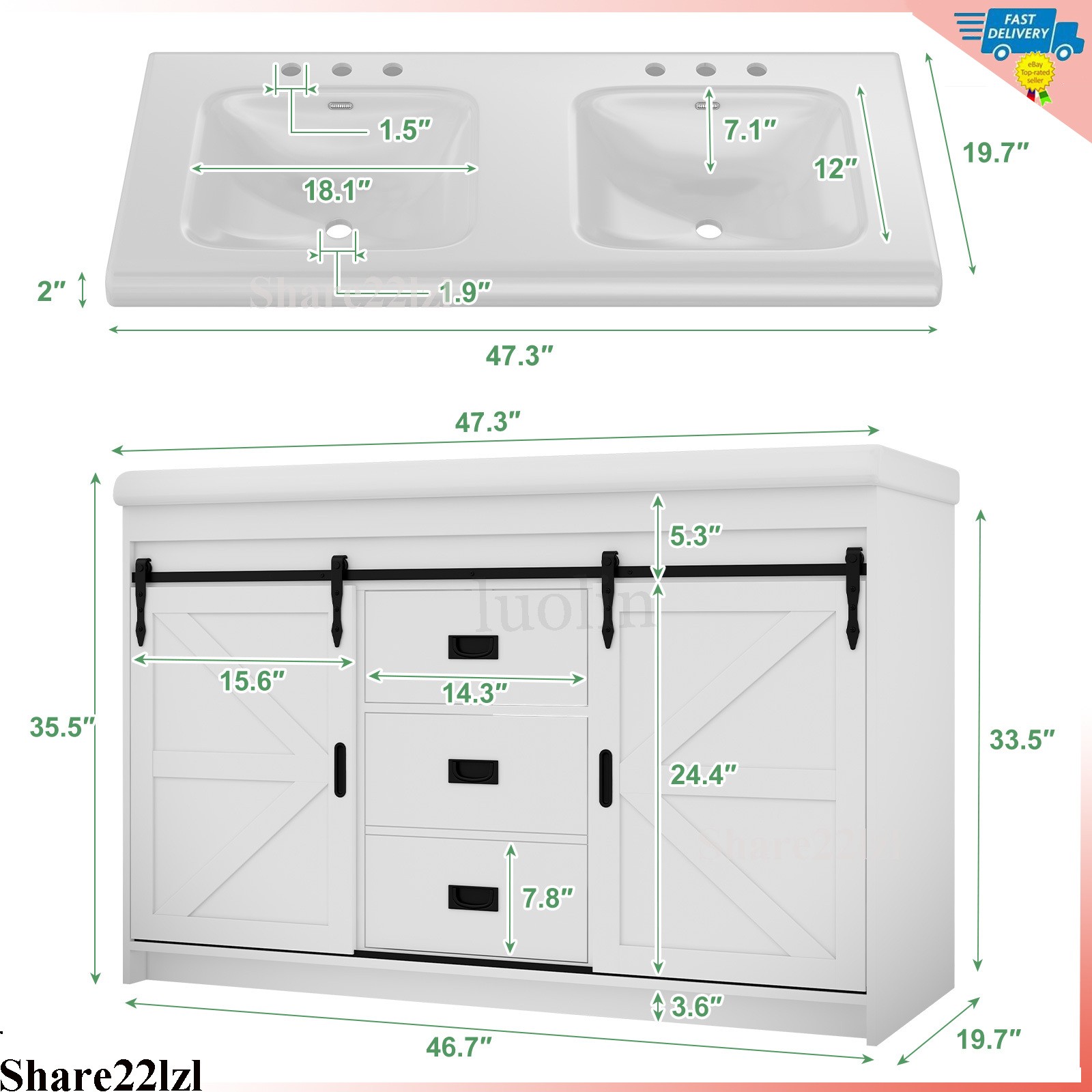 47Inch Bathroom Vanity Modern Bathroom Storage Cabinet with Double Ceramic Sink