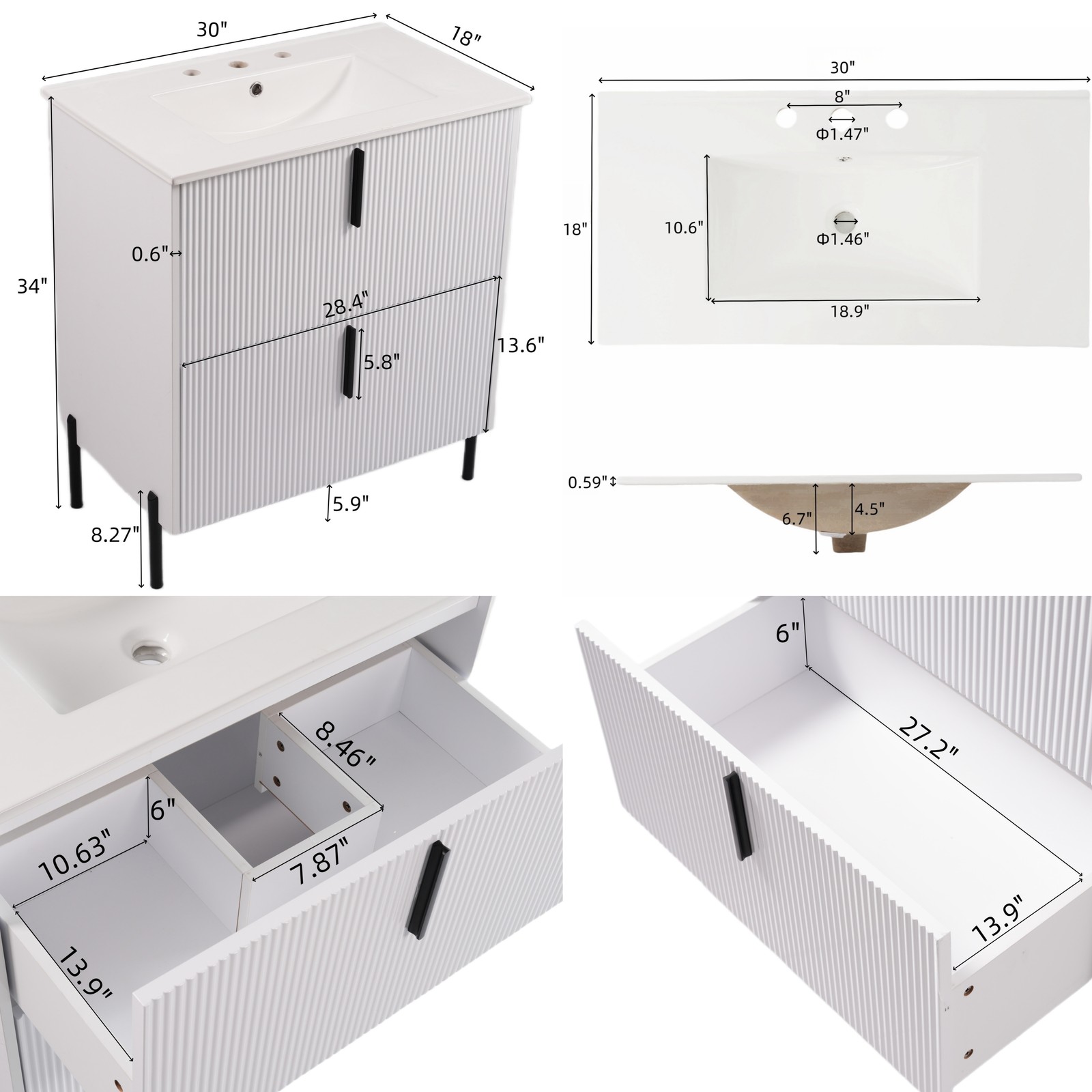 30″ Bathroom Vanity w/Ceramic Sink&Full-Extension Drawers Modern Storage Cabinet
