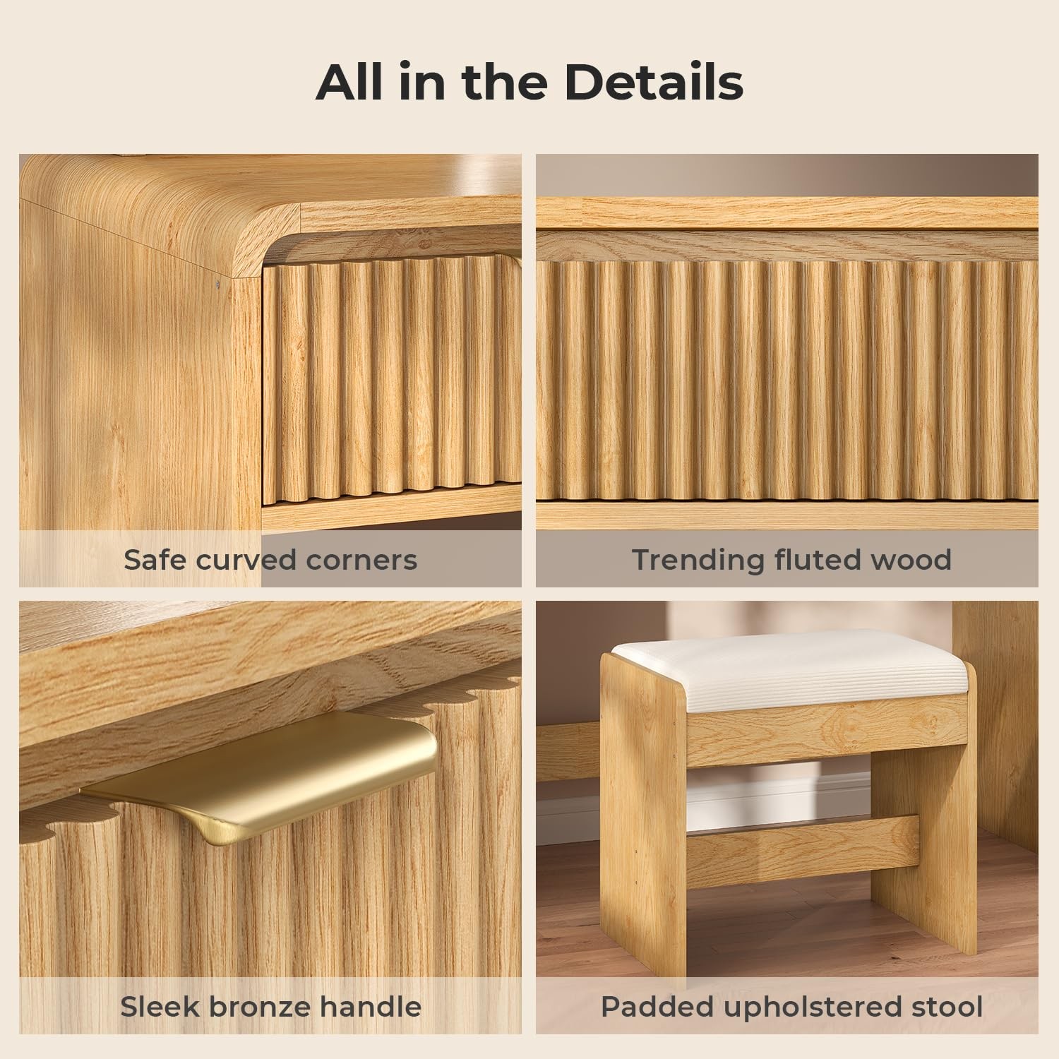Fluted Vanity Desk with Mirror Light, Stool, Power Outlet Natural