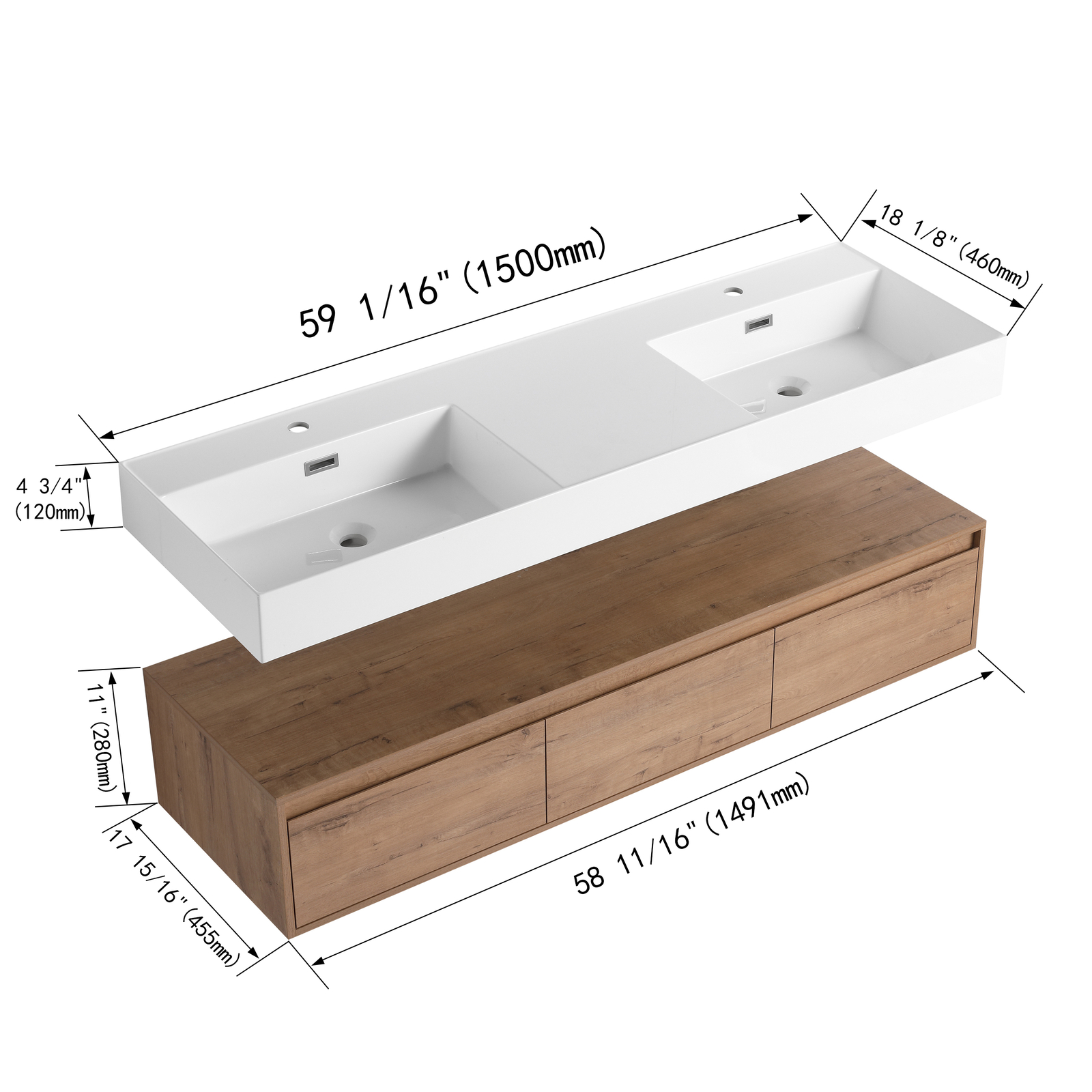 60″ Wood Floating Wall Mounted Bathroom Vanity with Double Resin Sink +3Drawers