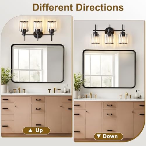3 Light Black Crystal Vanity Light, Modern Bathroom Vanity Light Over Mirror, Up