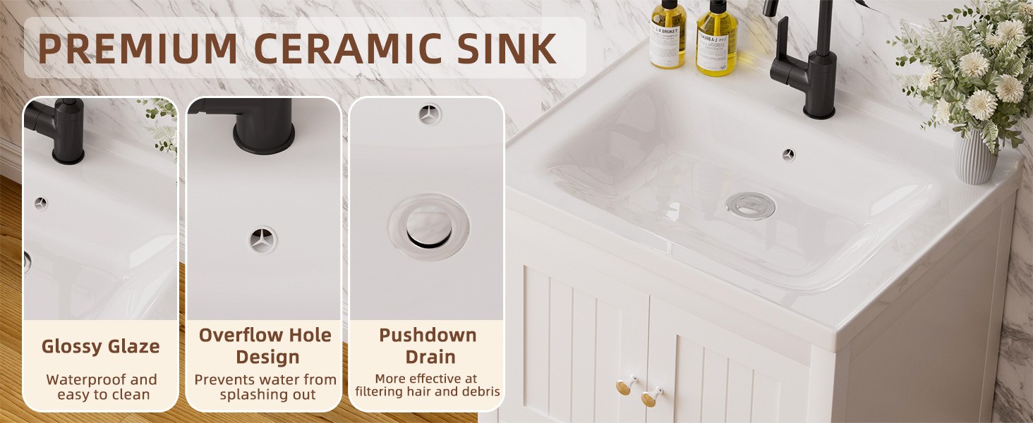 24 Inch Bathroom Vanity with Sink, Bathroom Sink Cabinet with 2 Doors and 1 Open