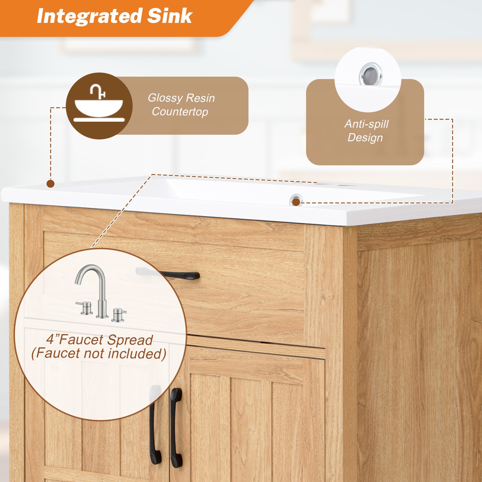 30″ Bathroom Vanity with Resin Sink, Modern Wood Frame Bathroom Sink Cabinet