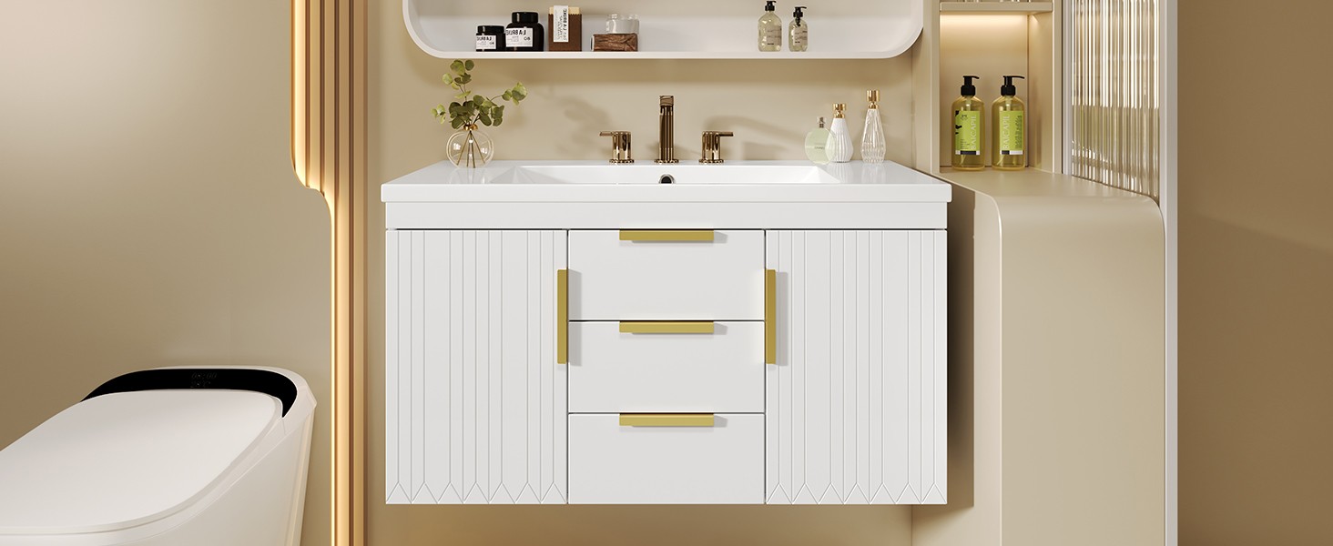 36″ Floating Bathroom Vanity Cabinet with 2 Drawers, Solid Wood, White