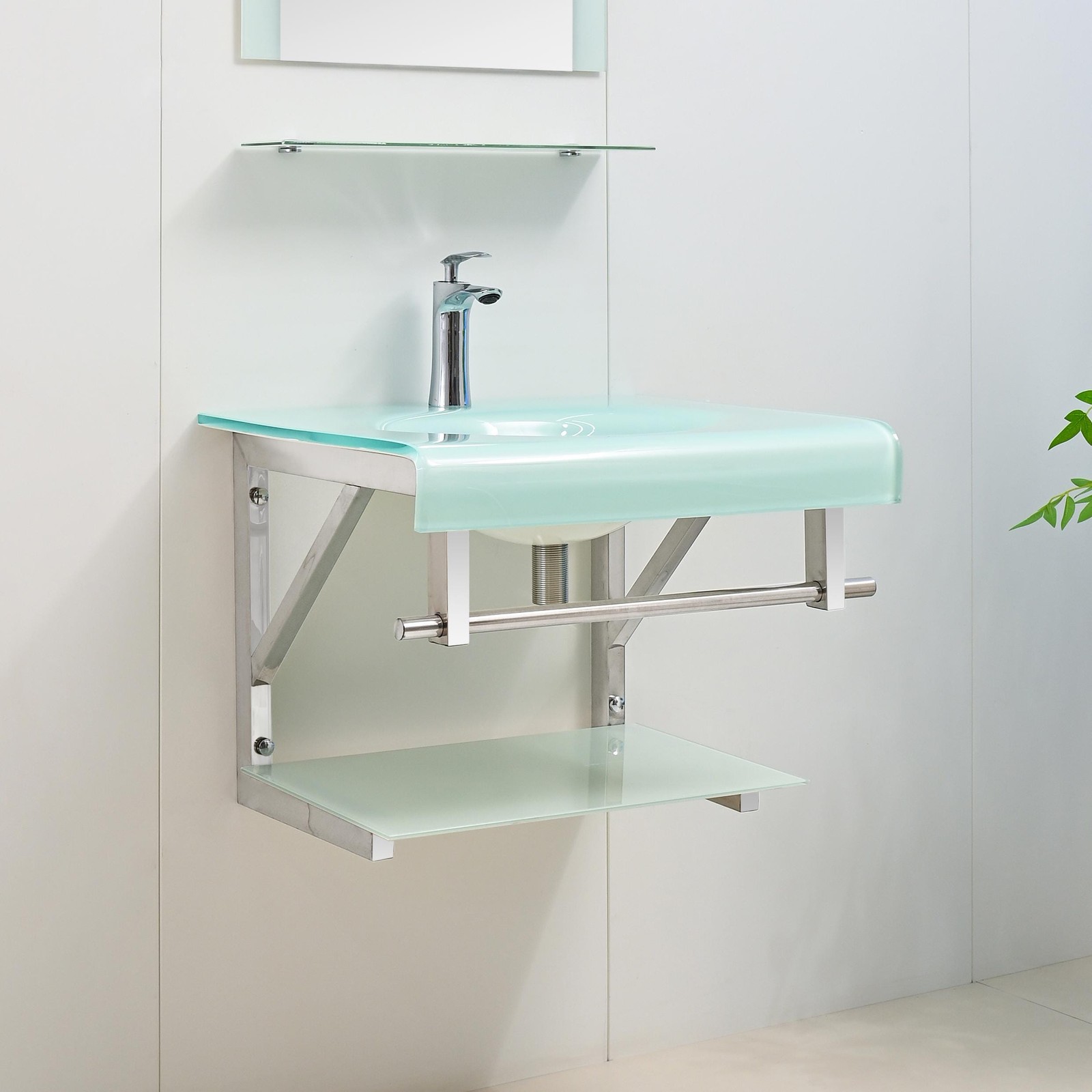24″ Modern White Tempered Glass Bathroom Vanity Floating Sink Glass top Mirror