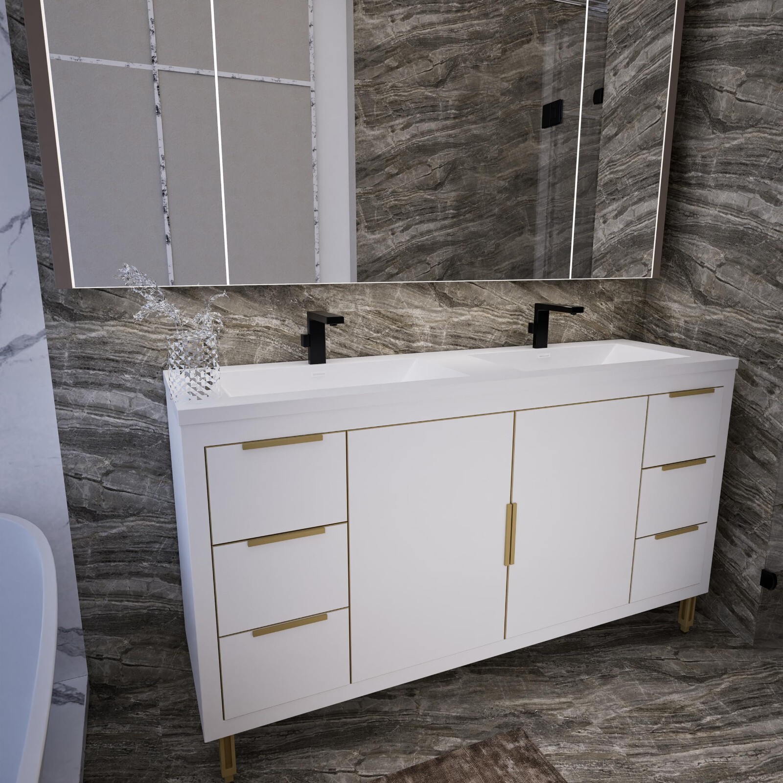 60″ Freestanding Bathroom Vanity Double Sink Storage Cabinet Soft Doors, Drawers