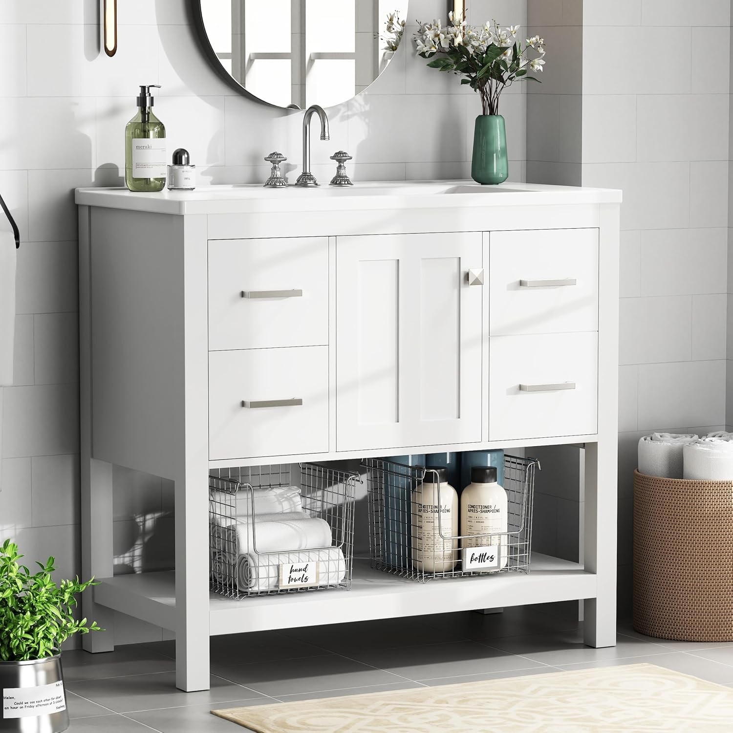 36” Bathroom Vanity W/ Single Sink Solid Wood Frame Modern Bathroom Storage