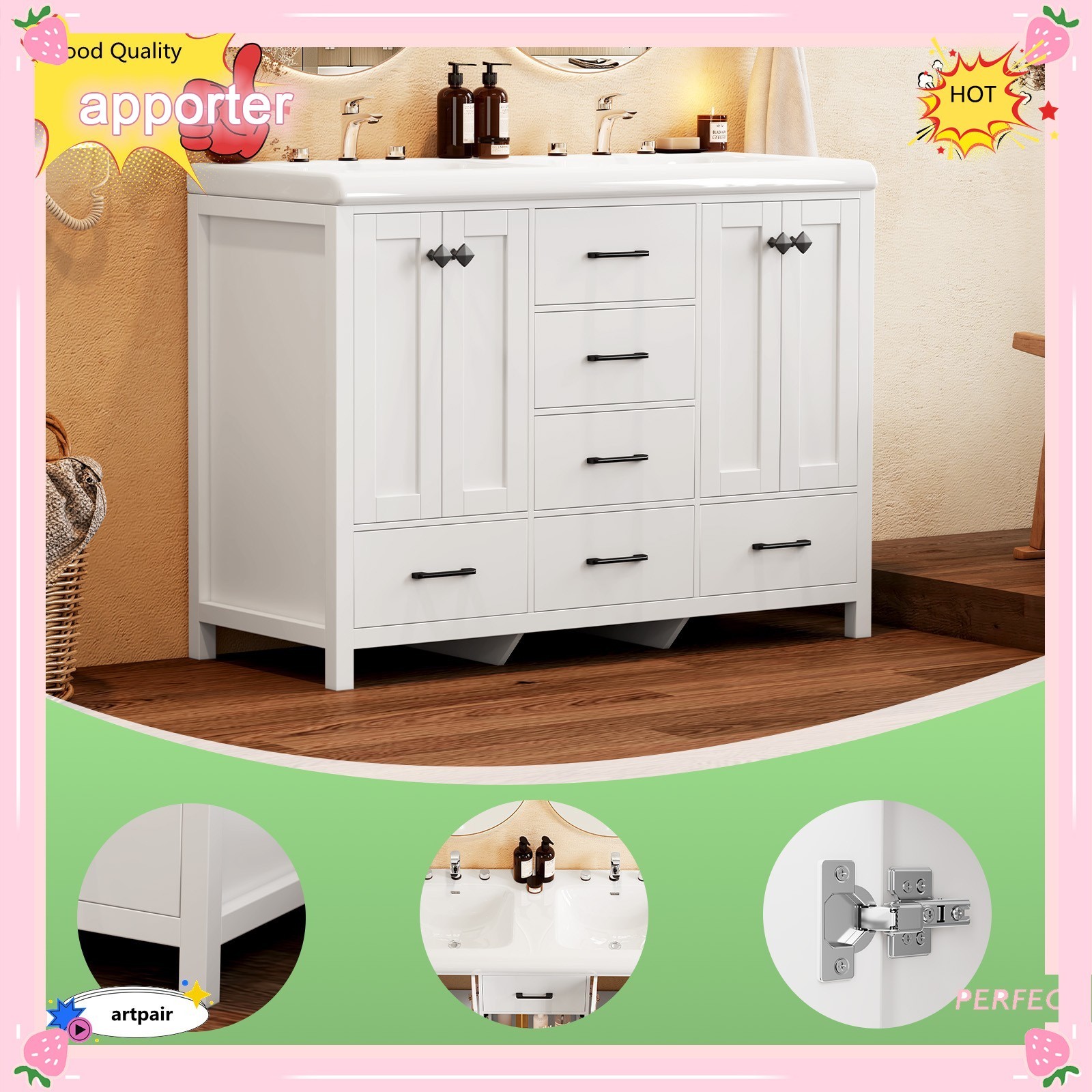 Yamissi Freestanding Bathroom Cabinet 47” with 5Drawers and Cabinet Double-Sink