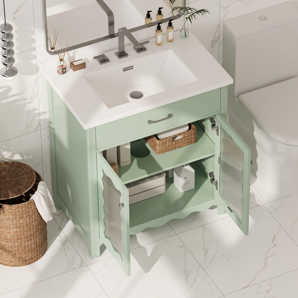 31″Bathroom Vanity Freestanding with Tempered Sink, Modern Storage Cabinet