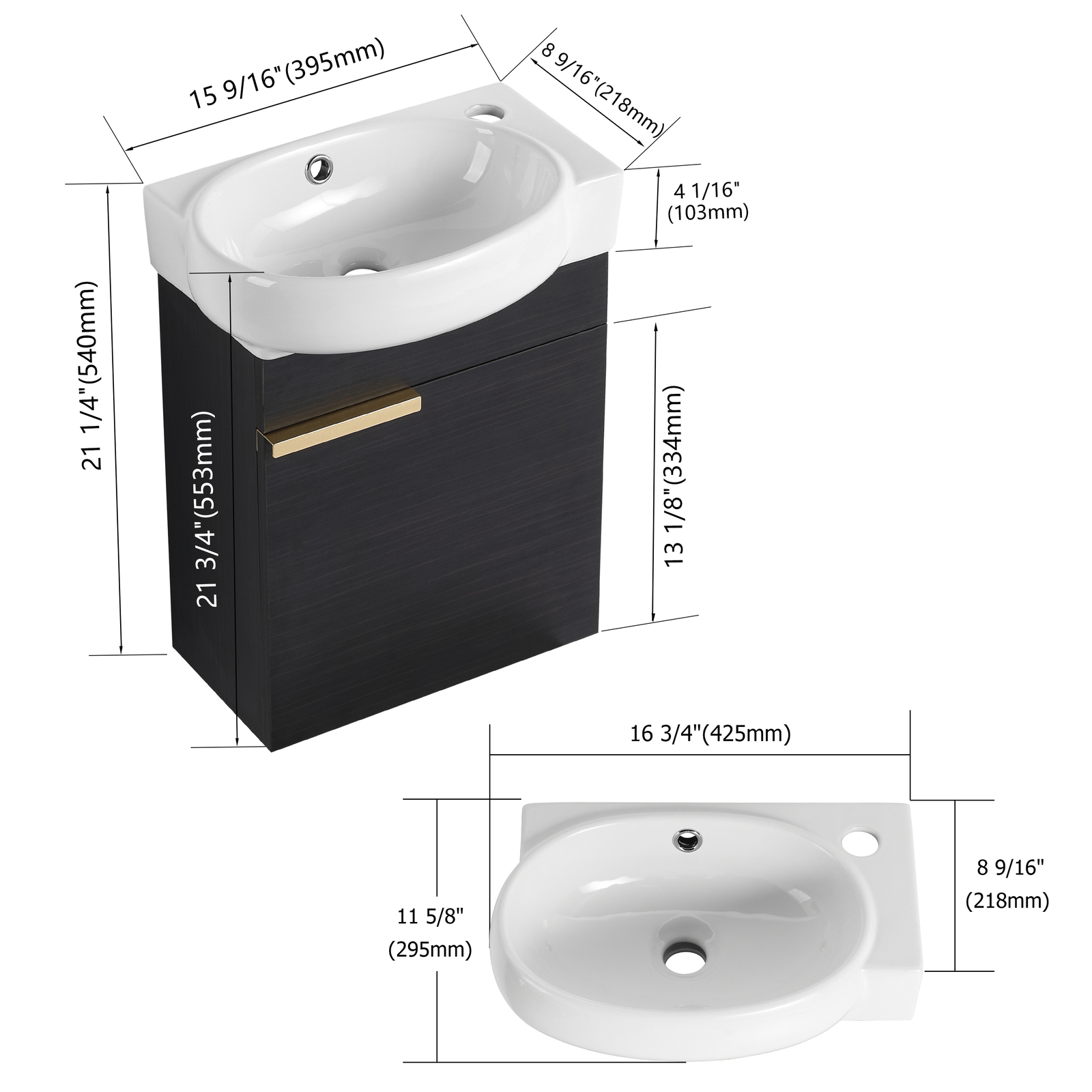16in Plywood Wall-Mounted Small Bathroom Vanity Cabinet W/ Ceramic Sink Black