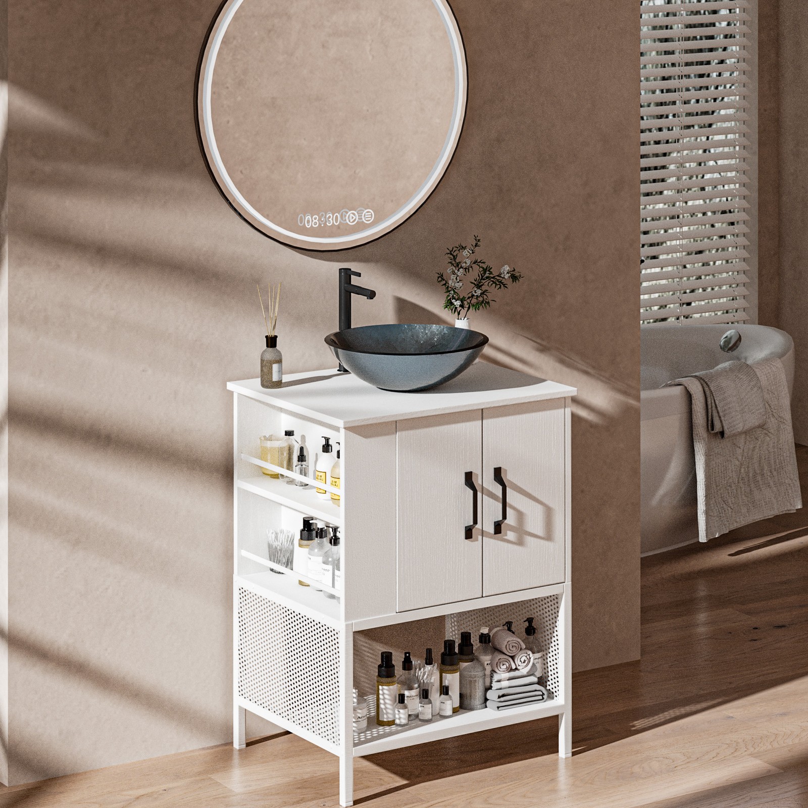 24in Bathroom Vanity w/Tempered Glass Sink Freestanding Cabinet Oak/White/Black