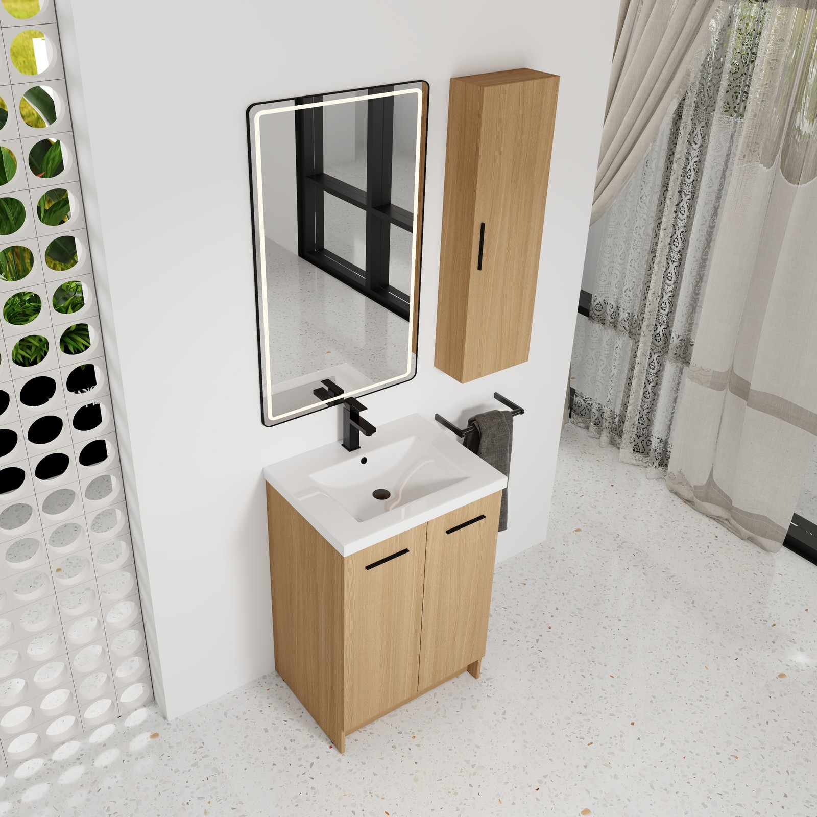 24″ Freestanding Bathroom Vanity Set with Tall Linen Cabinet, Light Oak