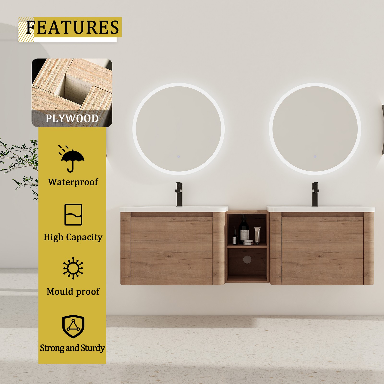 68in Wall-Mounted Bathroom Vanity W/ Double White Ceramic Basin Shelves Plywood