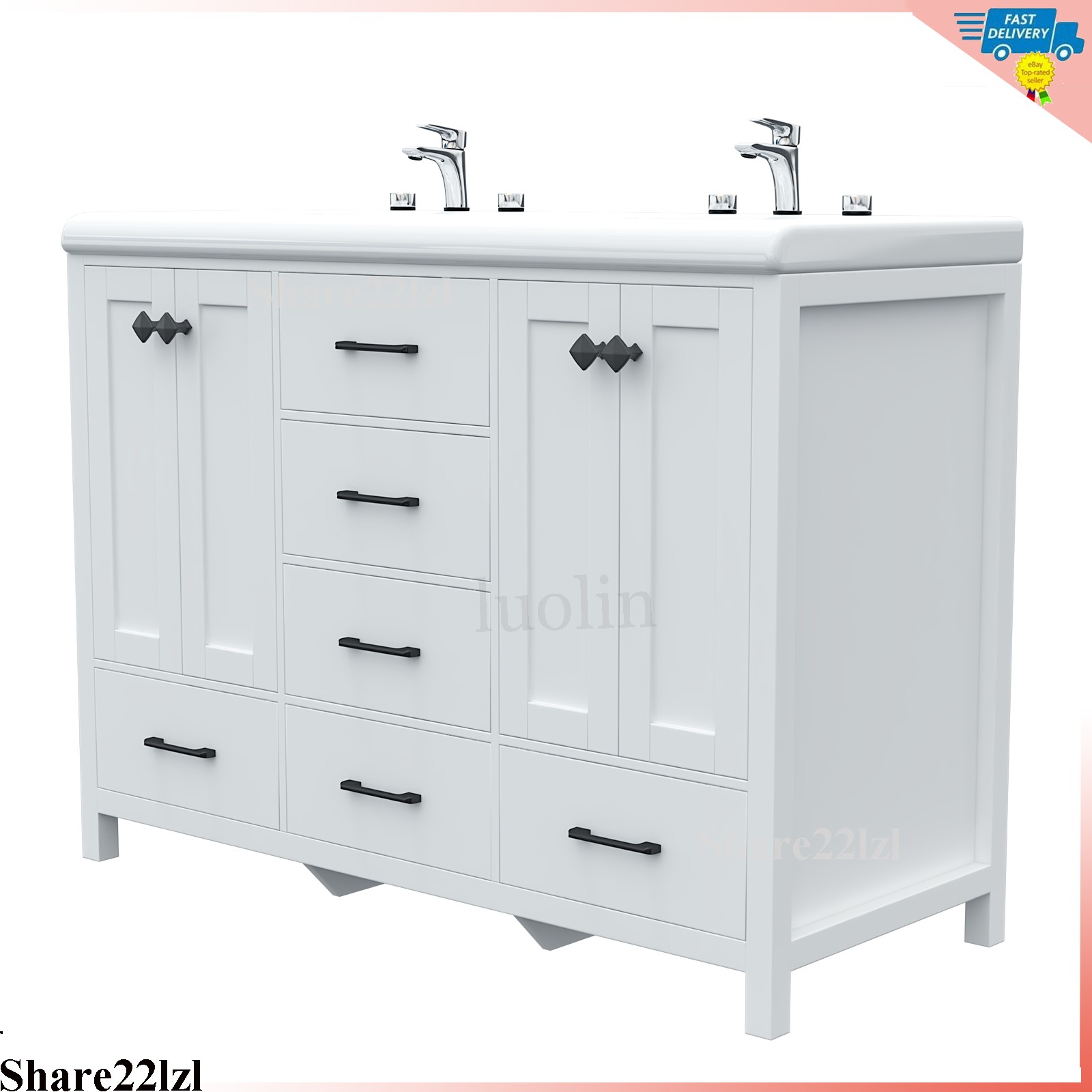 47″ Bathroom Vanity With Double Sink Ceramic Storage Cabinet without Faucet New
