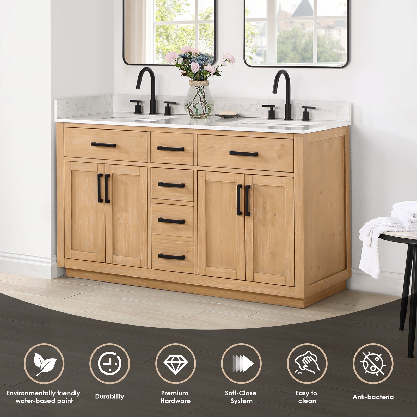 Gavino 60″ Wood Vanity in Light Brown with Composite Stone Top no Mirror