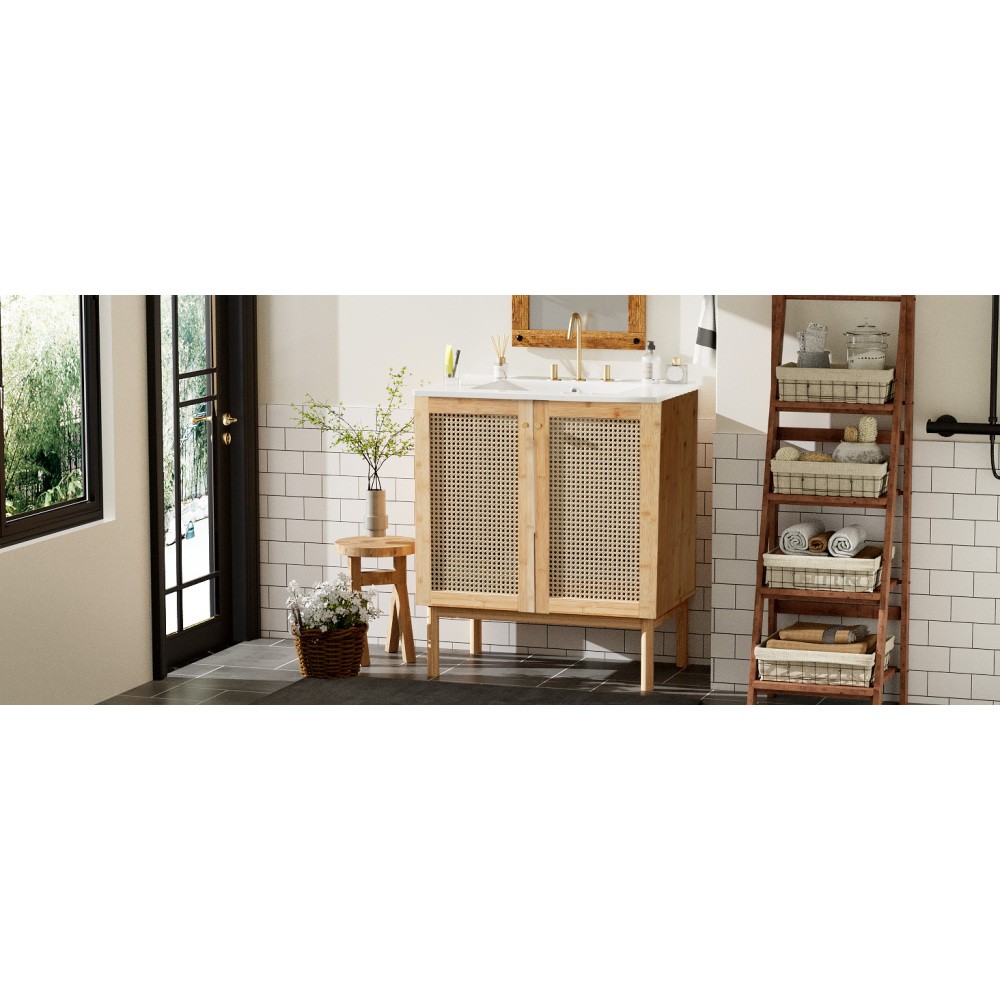 30″ Bath Vanity Ceramic Sink Soft Close Handwoven Rattan Doors Storage Cabinet