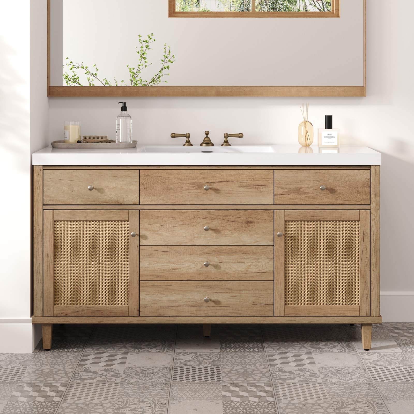 60″ Wooden Bathroom Vanity Cabinet with SMC Sink Storage Drawers Rattan Doors